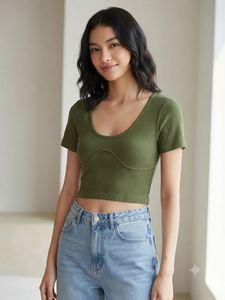 Zara Olive Green Ribbed Contour Crop Top