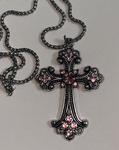 Elegant Cross Necklace with Pink Gems