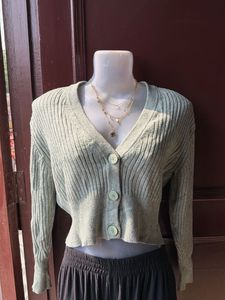 Green Ribbed Cropped Cardigan