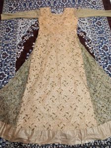 Elegant Beige &amp; Gold Anarkali Gown