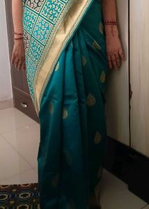 Beautiful Teal and Gold Silk Saree