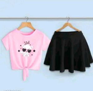 Cute Cat Print Pink Tie-Front Top & Skirt Set