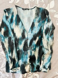 Zara Blue Abstract Print Button-Up Shirt