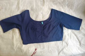 janasya Solid Navy Blue Cotton Blouse