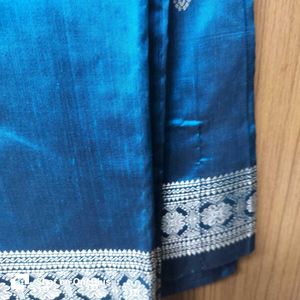 Teal Saree with Silver Thread Border