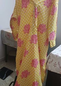 Yellow Kurta with Pink Lotus Print