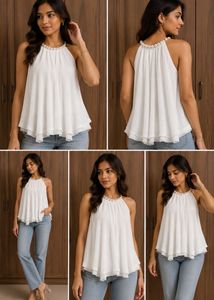 Elegant White Halter Neck Top with Pearl