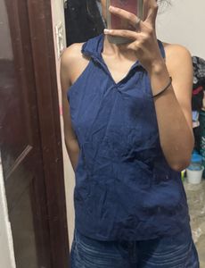 Blue Sleeveless V-Neck Top