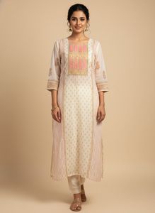 Elegant Cream Kurta with Pink & Gold Print