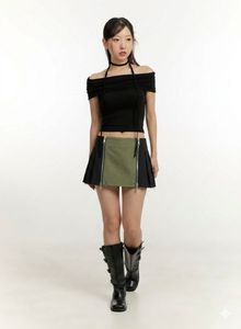 Khaki and Black zipper Paneled Mini Skirt 🫒