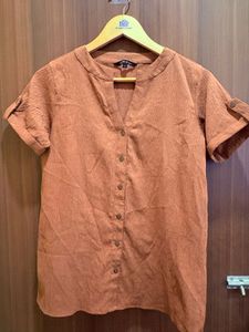Chemistry Stylish Brown V-Neck Button-Up Top