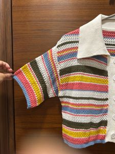 Colorful Striped Knit Collared Top