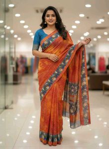 Vibrant Orange Saree with Blue Border