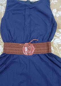 Navy Blue Sleeveless A-Line Dress with Belt