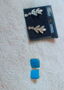 Sparkling Leaf & Blue Square Earrings Set