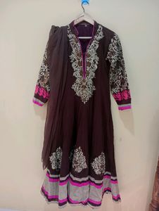 Embroidery Coffee BrownGown With Dupatta