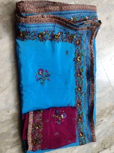 Designer Blue Embroidered crepe Saree