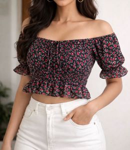 Off-Shoulder Smocked Peplum Top. size