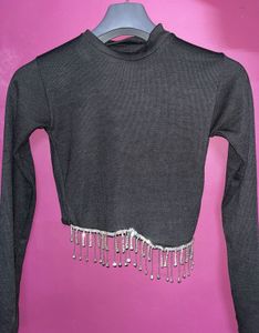 Sparkling Rhinestone Fringe black Crop Top