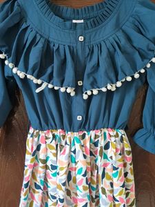 Chic Teal Ruffled Dress with Leaf Print Skirt