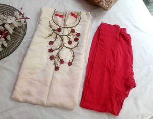Very V,Beautiful Cream Kurta And Red Legging