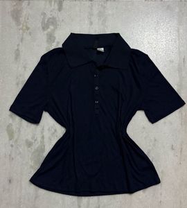 H&amp;M Navy Ribbed Cropped Polo Top