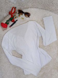 White Ribbed Button-Up Long Sleeve Top