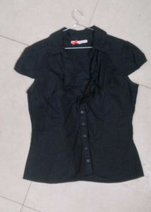 Black Short Sleeve Button-Up Top
