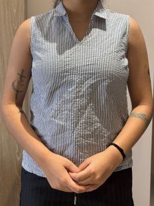 Striped Sleeveless Collared Top