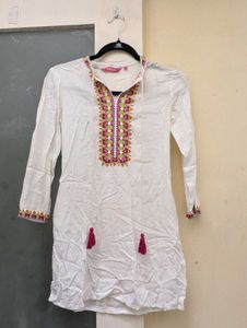 Embroidered White Kurta with Tassels
