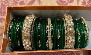 Elegant Green &amp; Gold Embellished Bangles Set