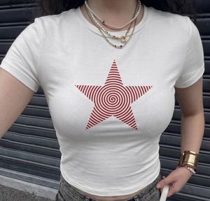 ⋆˚꩜｡Y2K White Red Spiral Star Fitted Baby Tee