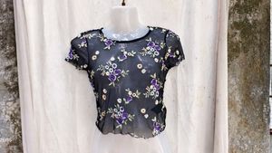 16158. Sheer Floral Embroidered Mesh Top