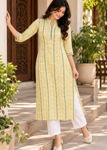 Pastel Yellow Printed Long Kurti | Elegant Ethnic