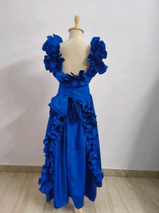 Royal Blue Vintage Ruffled Gown With Bow SnOn Back