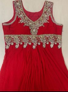 Red Long Flared Gown With Heavy Embroidery