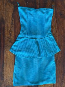 New Teal Peplum Strapless Dress