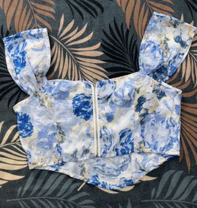 Blue Floral Print Corset Top