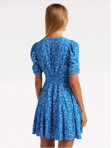 Blue Floral Puff Sleeve Mini Dress