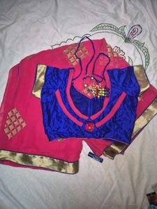Elegant Pink Saree with beautiful Blue Customized