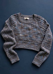 BLUE & BROWN MARLED CROPPED KNIT SWEATER