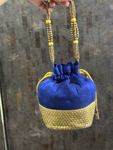 Designer Embellished Potli Bag – Royal Blue &amp; Gold