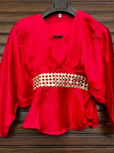Stunning Red Peplum Blouse with Embellished Belt