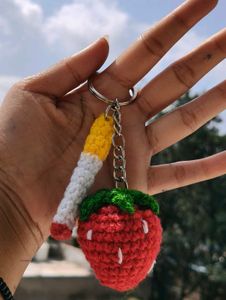 Crocheted Strawberry &amp; Cigarette Keychain