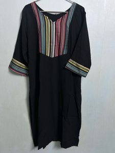 Black Kurti with Multicolour Striped Yoke