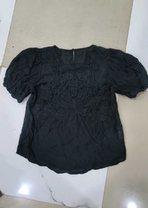 Black Lace Detail Puff Sleeve Top