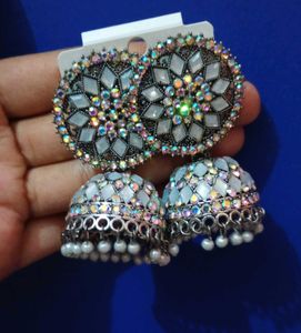 White Jhumka Earrings with Crystals