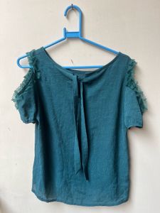 Teal Ruffle Cold Shoulder Cut Top