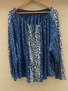 Blue Floral Print Tie-Neck Top