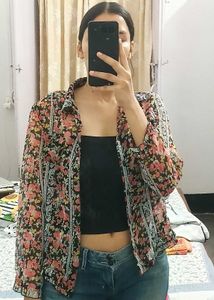 Floral Print Sheer Button-Up Top